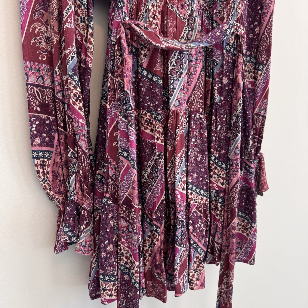 NWT Aura Shop Red Dress XS Purple Boho Patchwork Smocked Long Sleeve Mini Dress