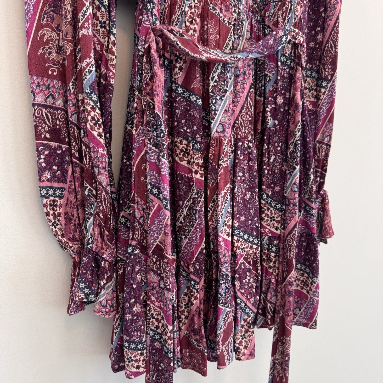 NWT Aura Shop Red Dress XS Purple Boho Patchwork Smocked Long Sleeve Mini Dress