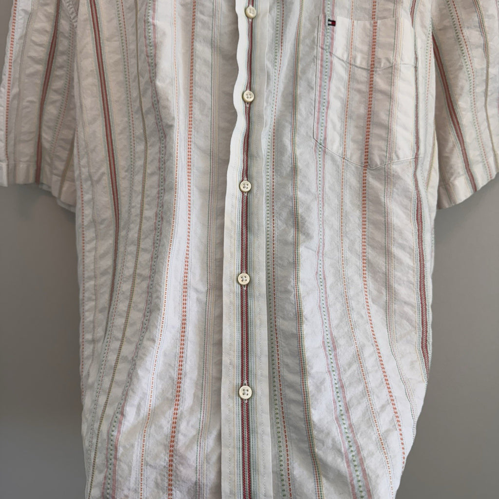 Y2K Tommy Hilfiger Men XXL Button Down Shirt Striped Short Sleeve 80s 2 Ply