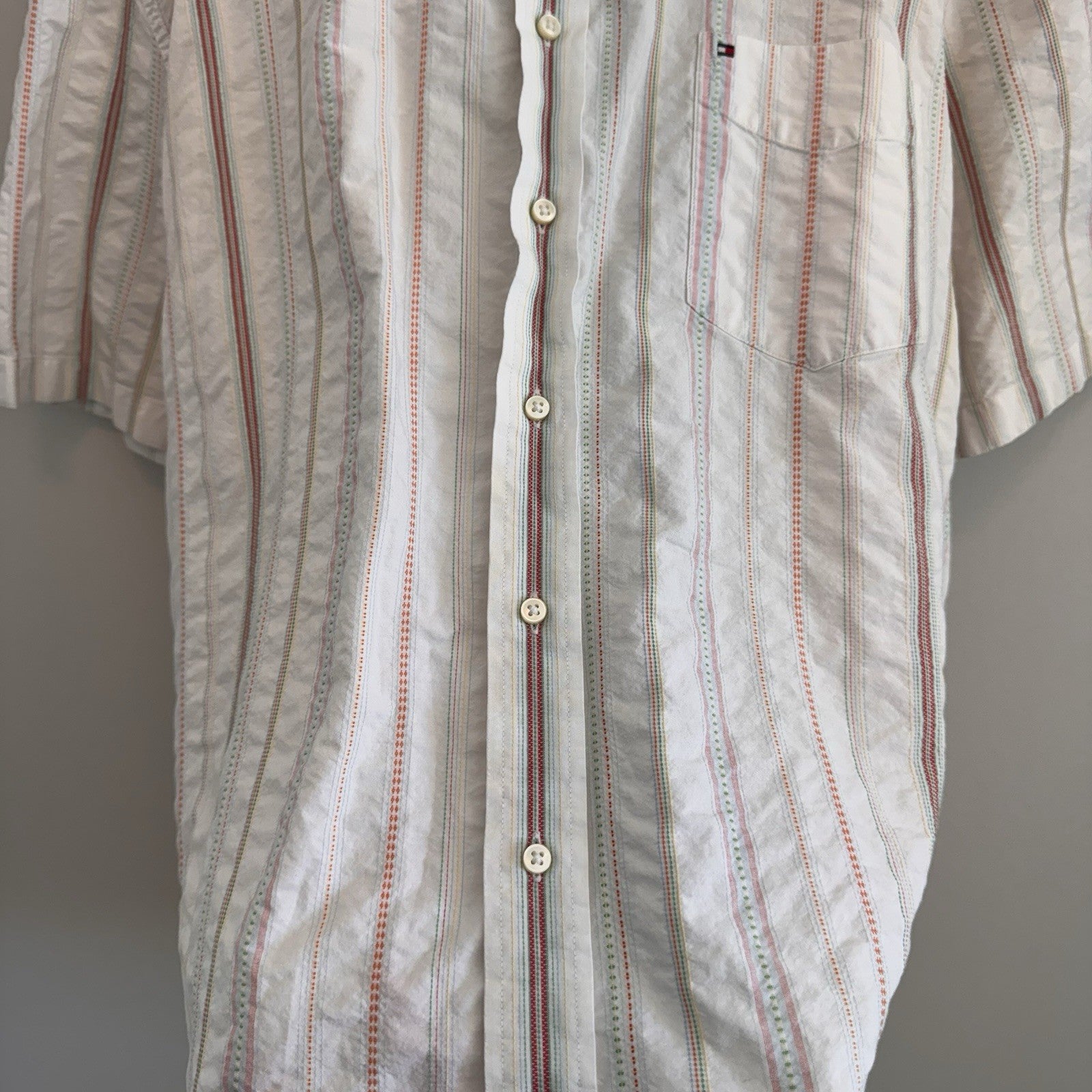 Y2K Tommy Hilfiger Men XXL Button Down Shirt Striped Short Sleeve 80s 2 Ply
