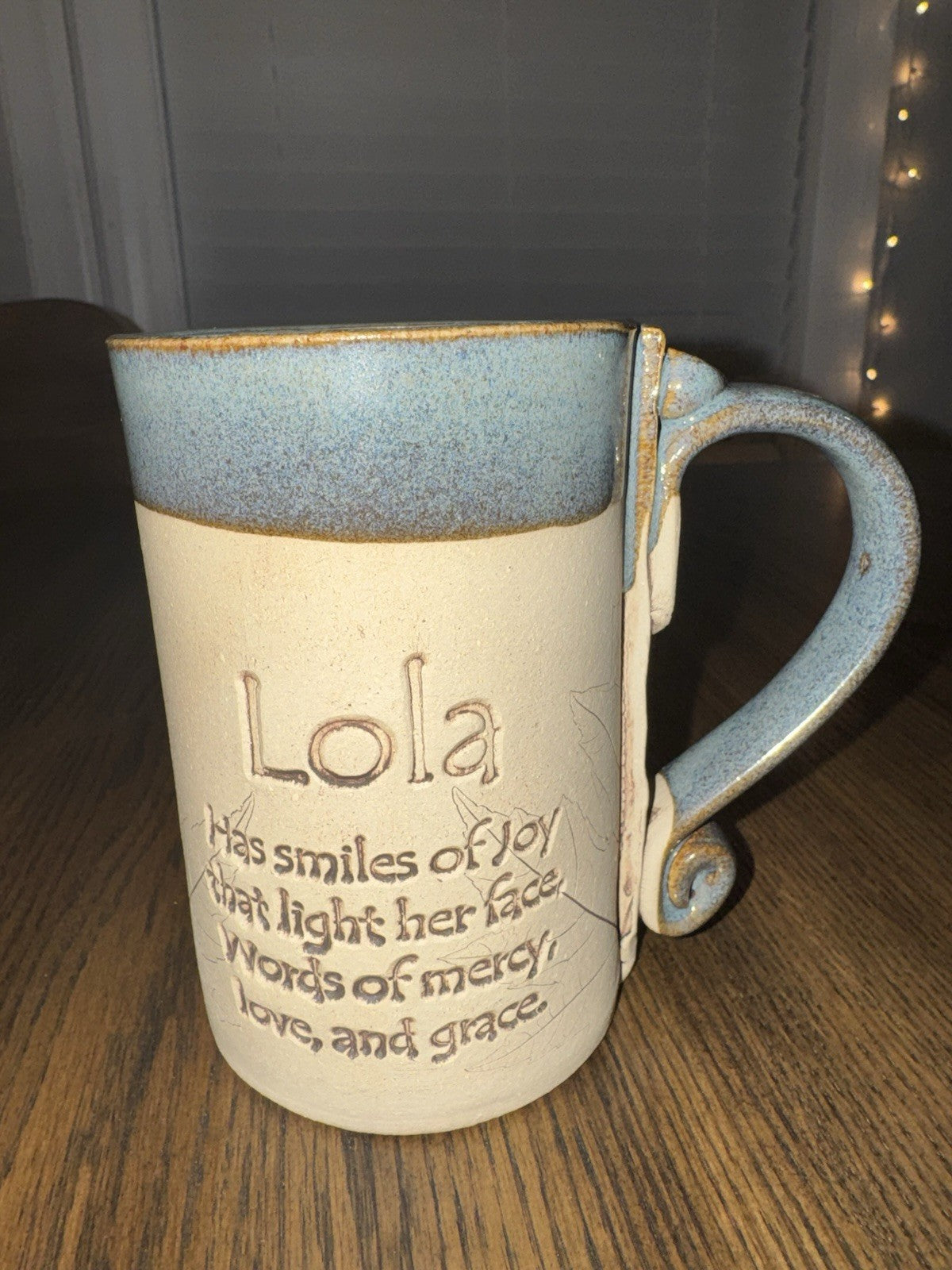 Handmade Lola Mug Matte Beige and Glaze Blue Rim Vintage Rare