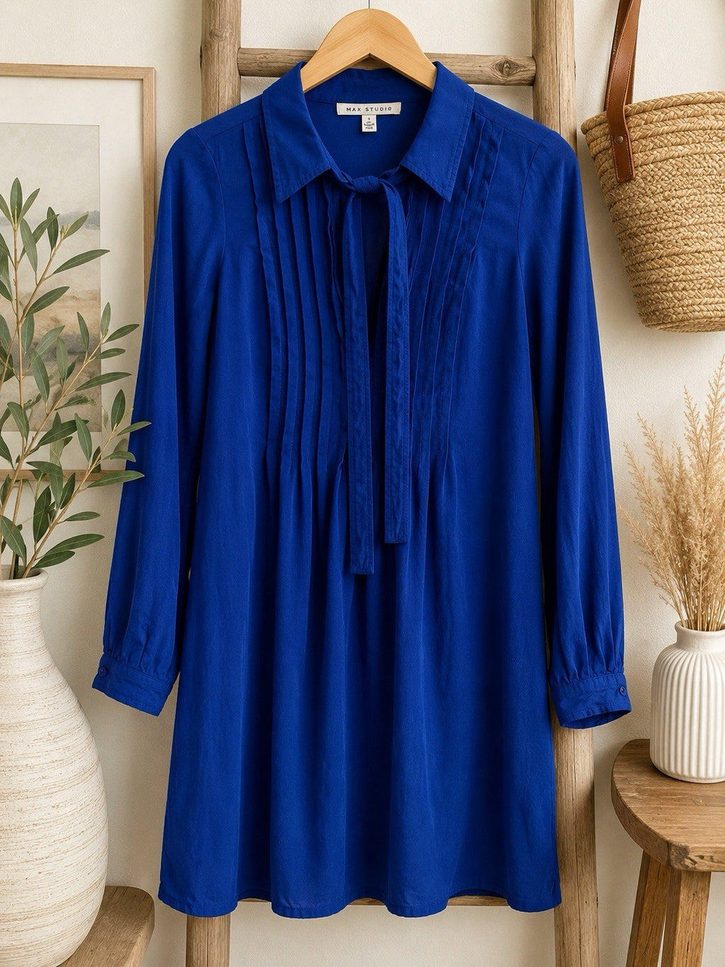 Max Studio Blue Tie Neck Tunic Dress Women’s Small Long Sleeve Rayon Boho