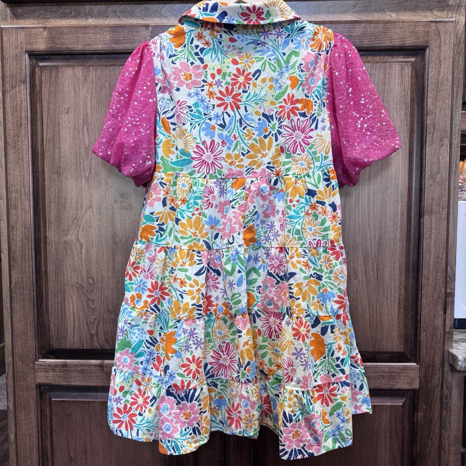 Blue B. Collection Floral Babydoll Dress Size S Colorful Puff Sleeve Sequin