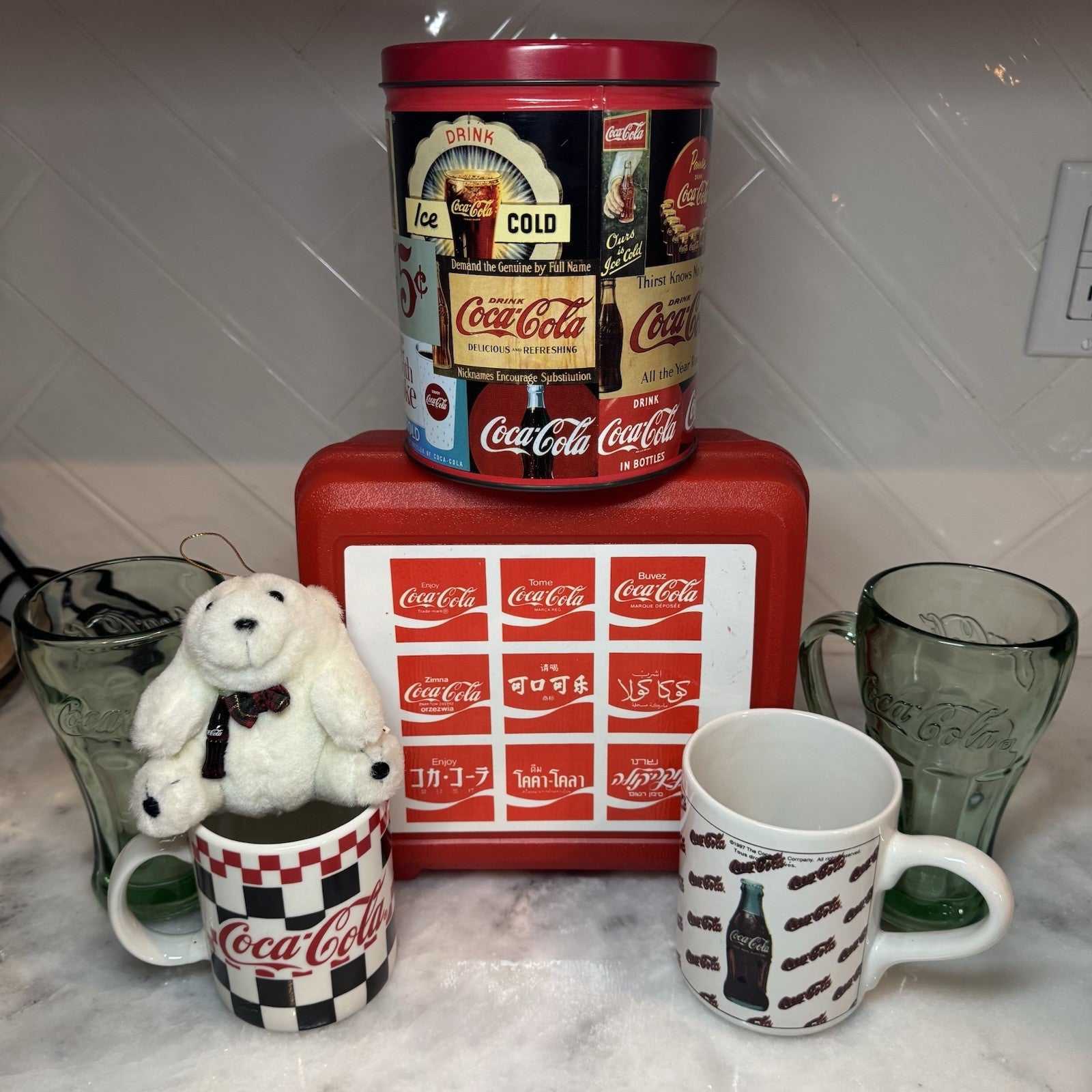 Vintage Coca-Cola Collectible Lot Glasses Mugs Puzzle Tin Lunch Box Plush