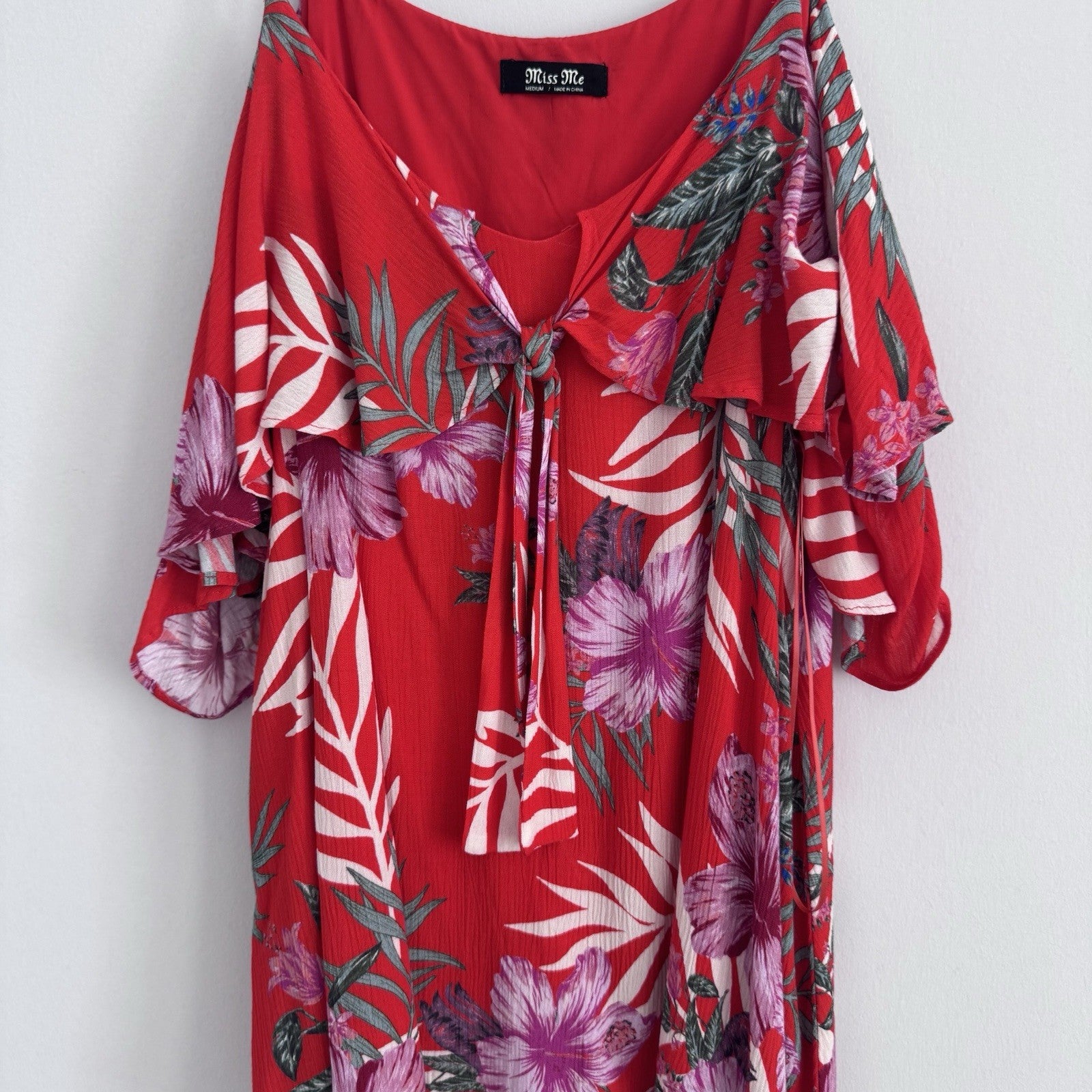 Miss Me Red Tropical Floral Cold Shoulder Dress Sz M Ruffle Sleeve