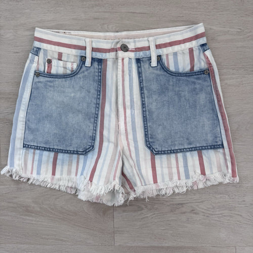 American Eagle Mom Shorts Women’s 4 Y2K Stripe Denim Frayed Raw Hem