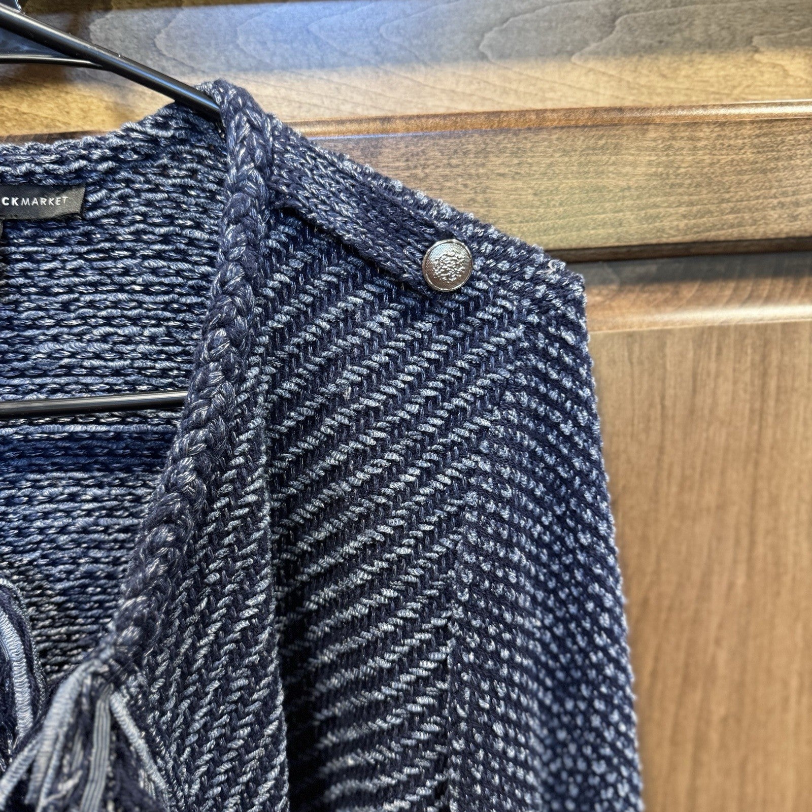 White House Black Market Women’s Fringe Tweed Knit Jacket Small Blue Open Front