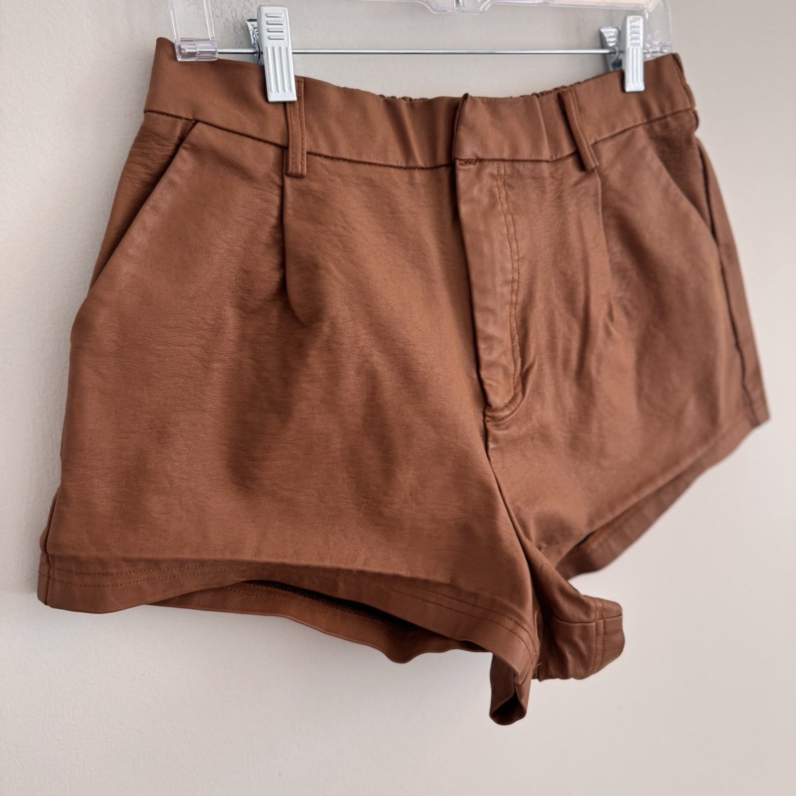 Free People Vegan Leather Shorts Brown Cognac High Waisted Pull-On Medium M