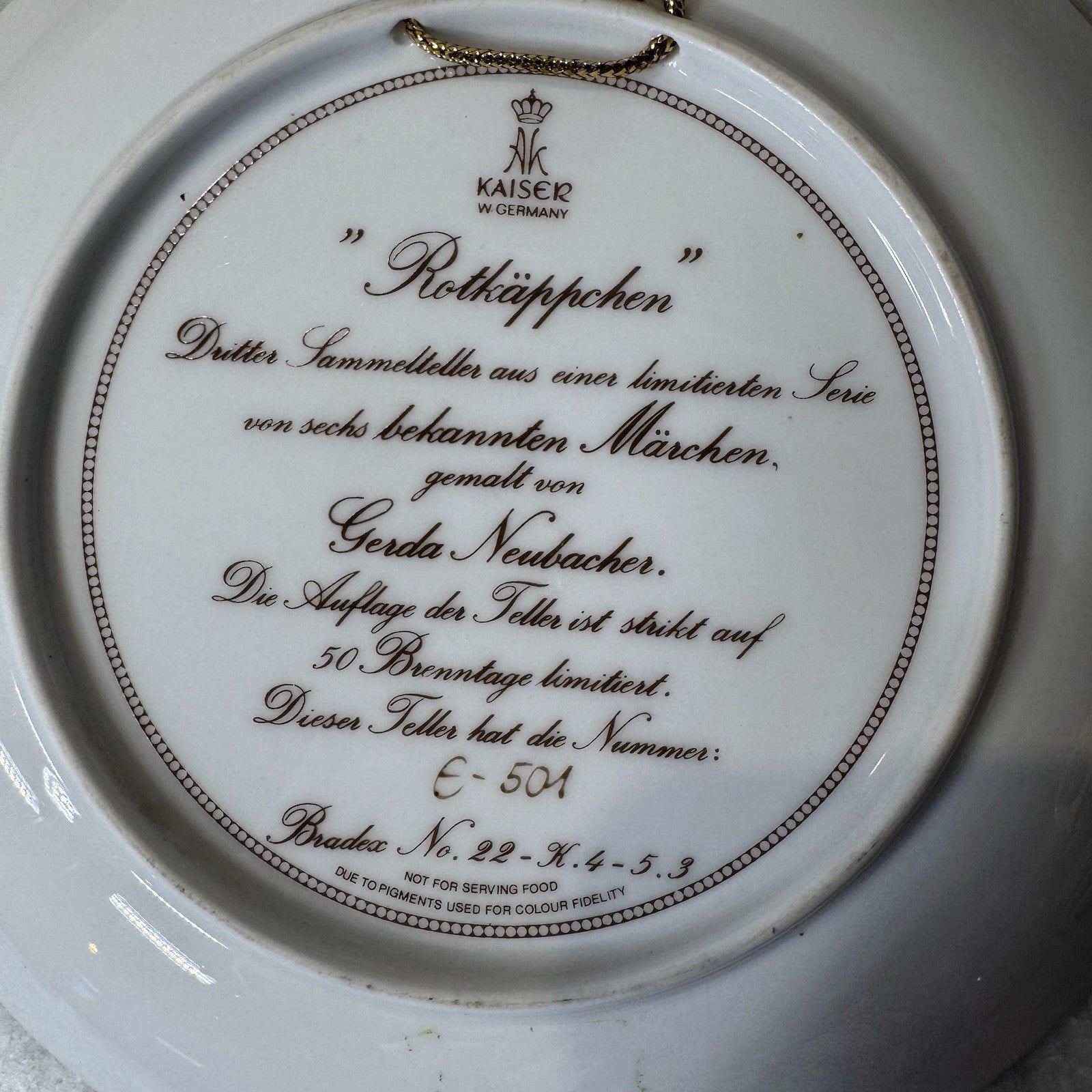 Kaiser Porcelain W. Germany  collector plate "Little Red Riding Hood" - 8" Dia.