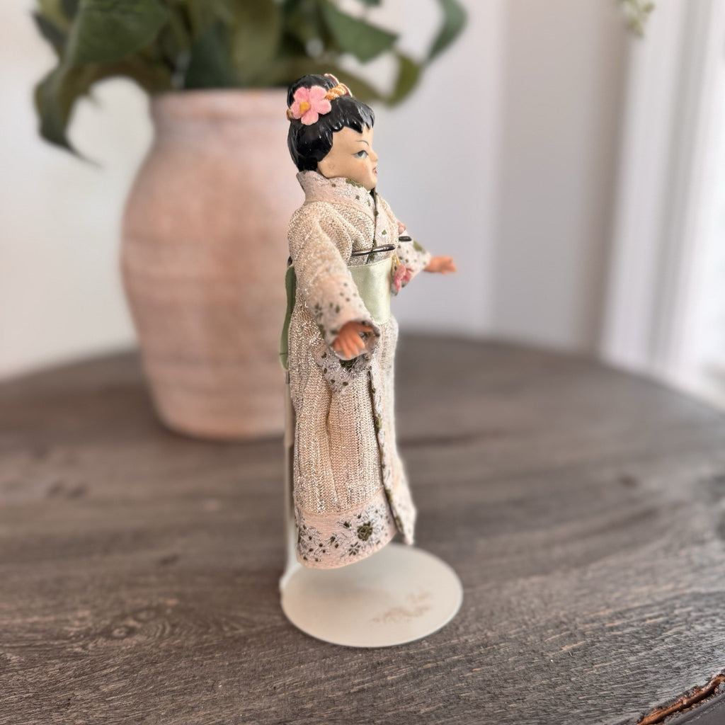 Mid Century Japanese Kimono Doll Hand Painted Face Traditional Dress Souvenir
