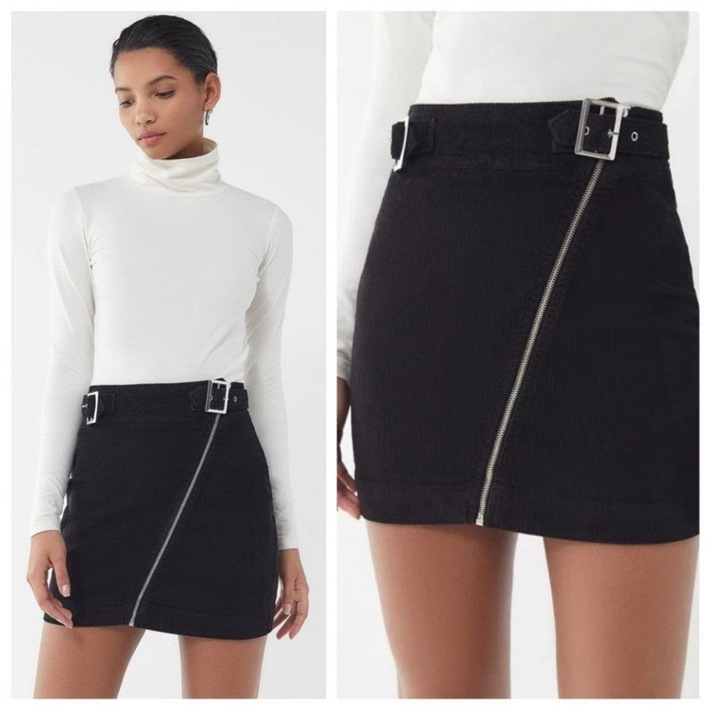 Urban Outfitters Harmony Corduroy Asymmetric Zip Black Moto Skirt Xs