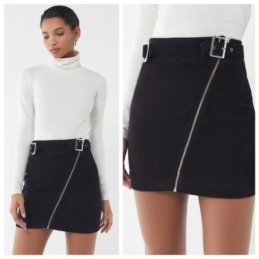 Urban Outfitters Harmony Corduroy Asymmetric Zip Black Moto Skirt Xs