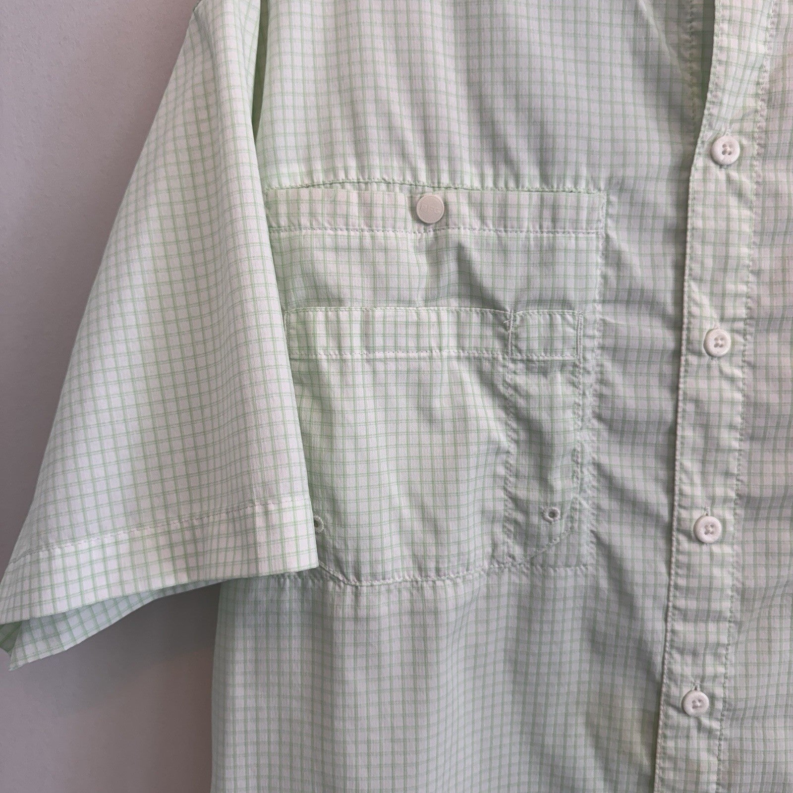 Columbia PFG Super Tamiami Shirt Mens Small S Mint Green Plaid Fishing S/S