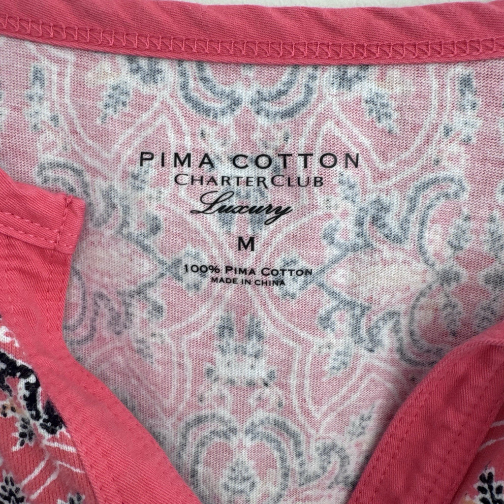 Charter Club Pima Cotton Pink Paisley Blouse M Roll Tab Sleeve