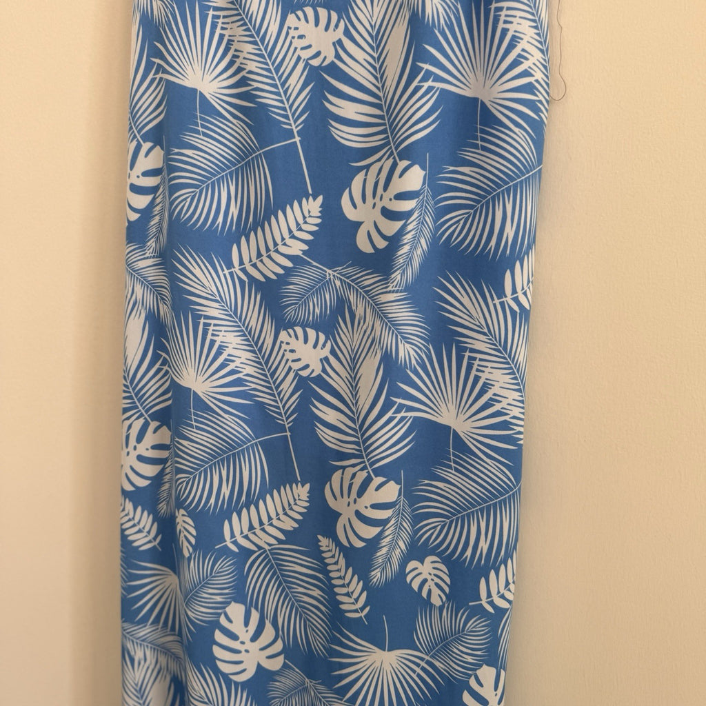 Pink Lily Blue Tropical Monstera Palm Print Maxi Dress Large L Side Slit Summer