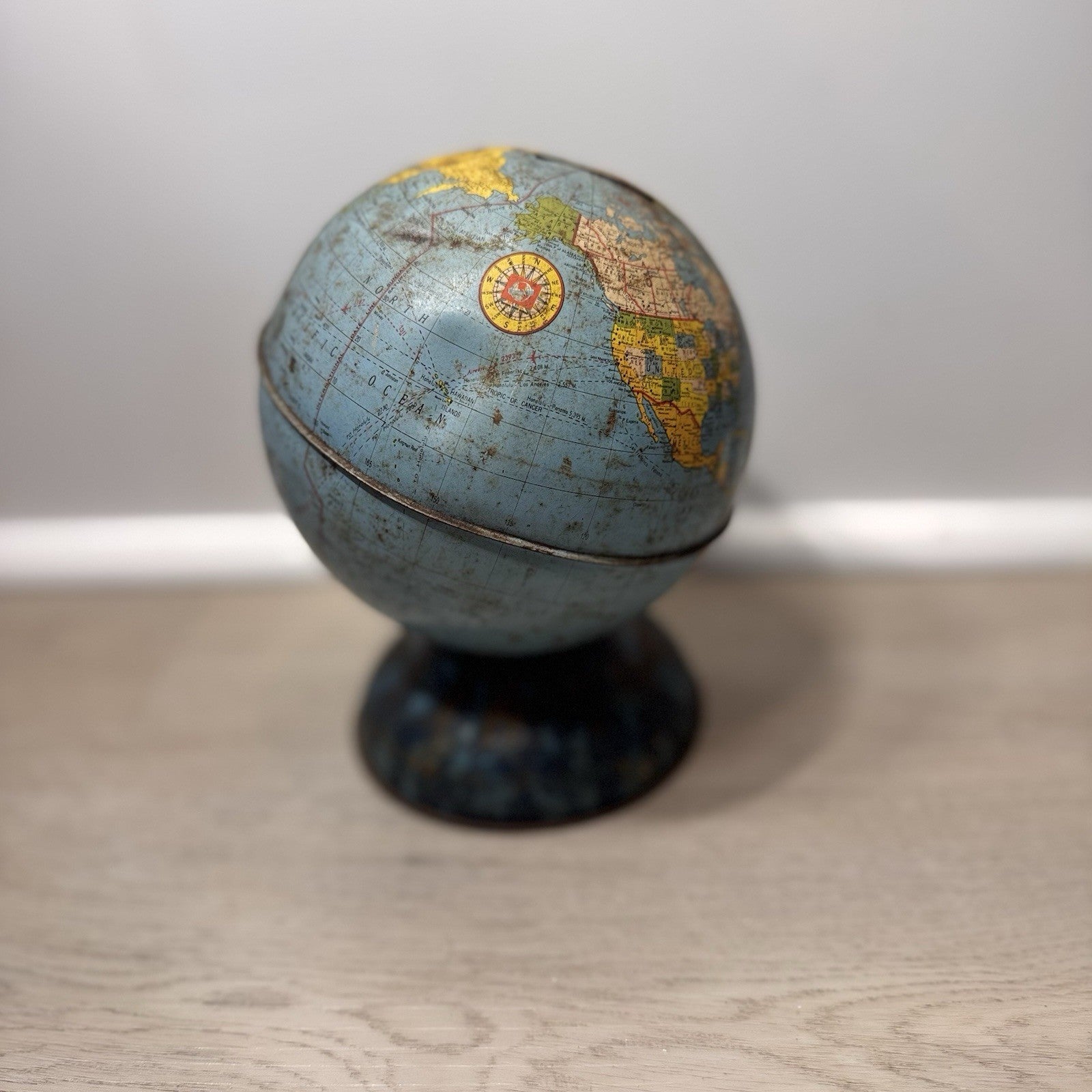 Vintage J Chein Tin Litho World Globe Bank Mid Century Industrial Decor Patina