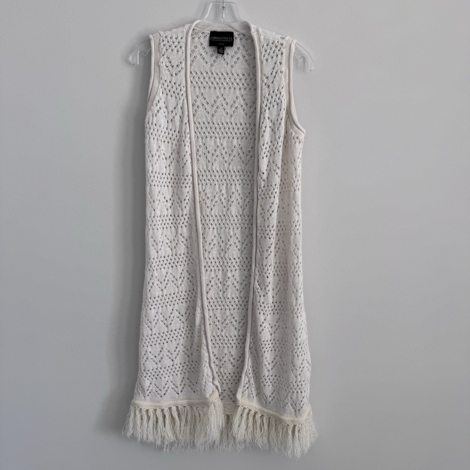 Absolutely Creative Ivory Fringe Knit Vest S Boho Duster