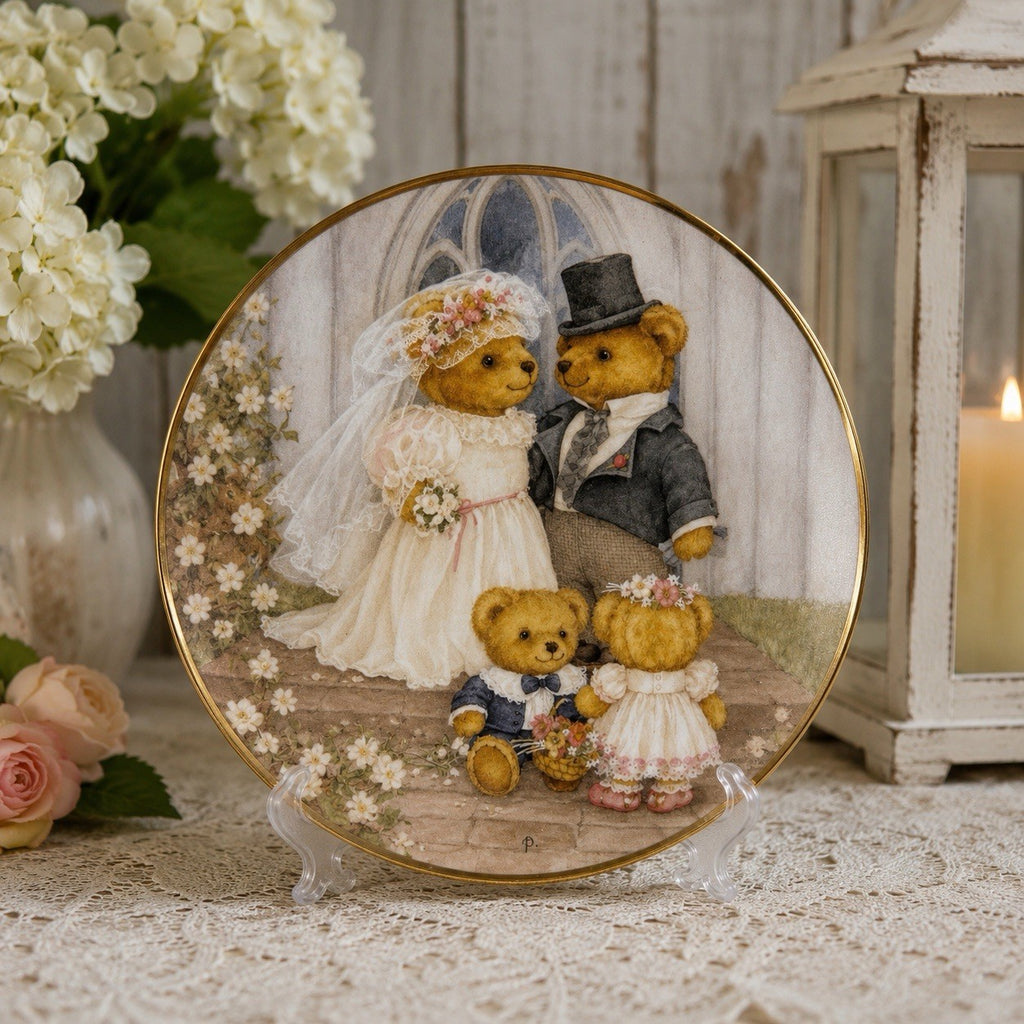 Franklin Mint Just Married Teddy Bear Wedding Collector Plate 8” Gold Trim