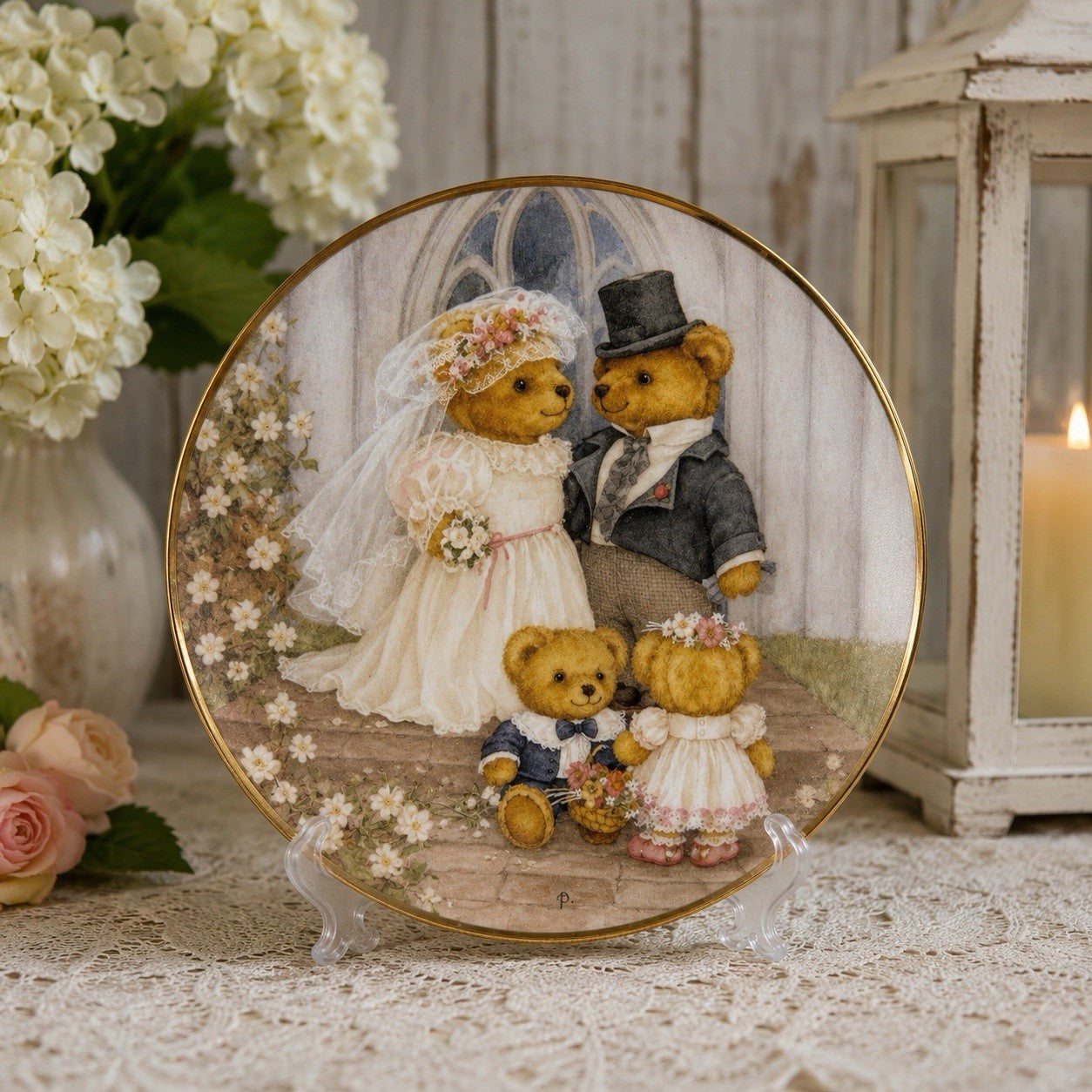 Franklin Mint Just Married Teddy Bear Wedding Collector Plate 8” Gold Trim
