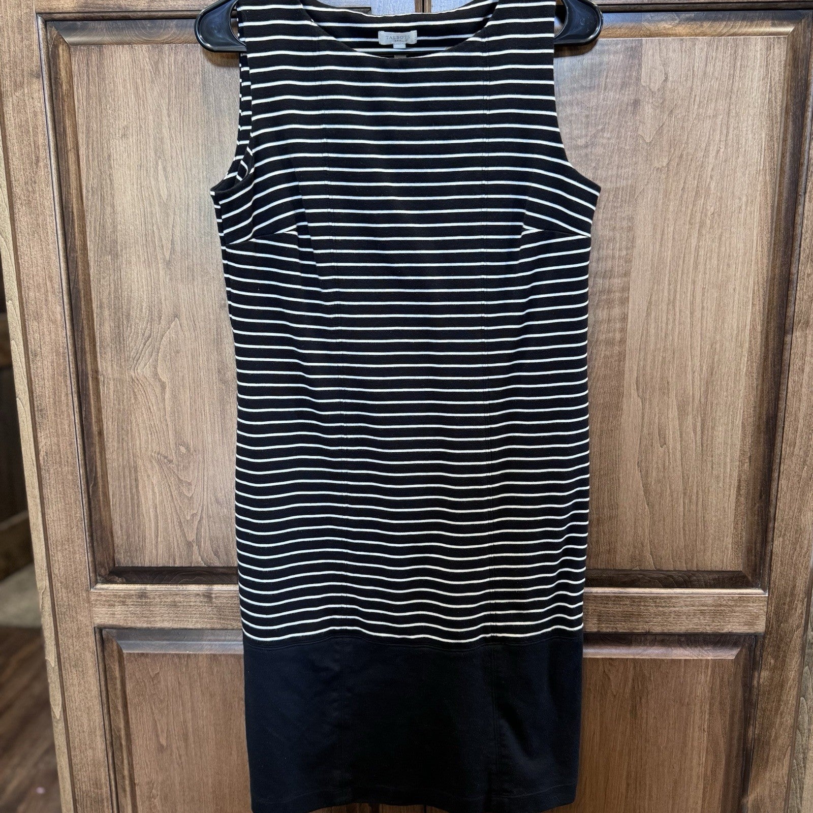 Talbots Sleeveless Shift Dress Sz S Black White Stripe Cotton Blend Classic Fit