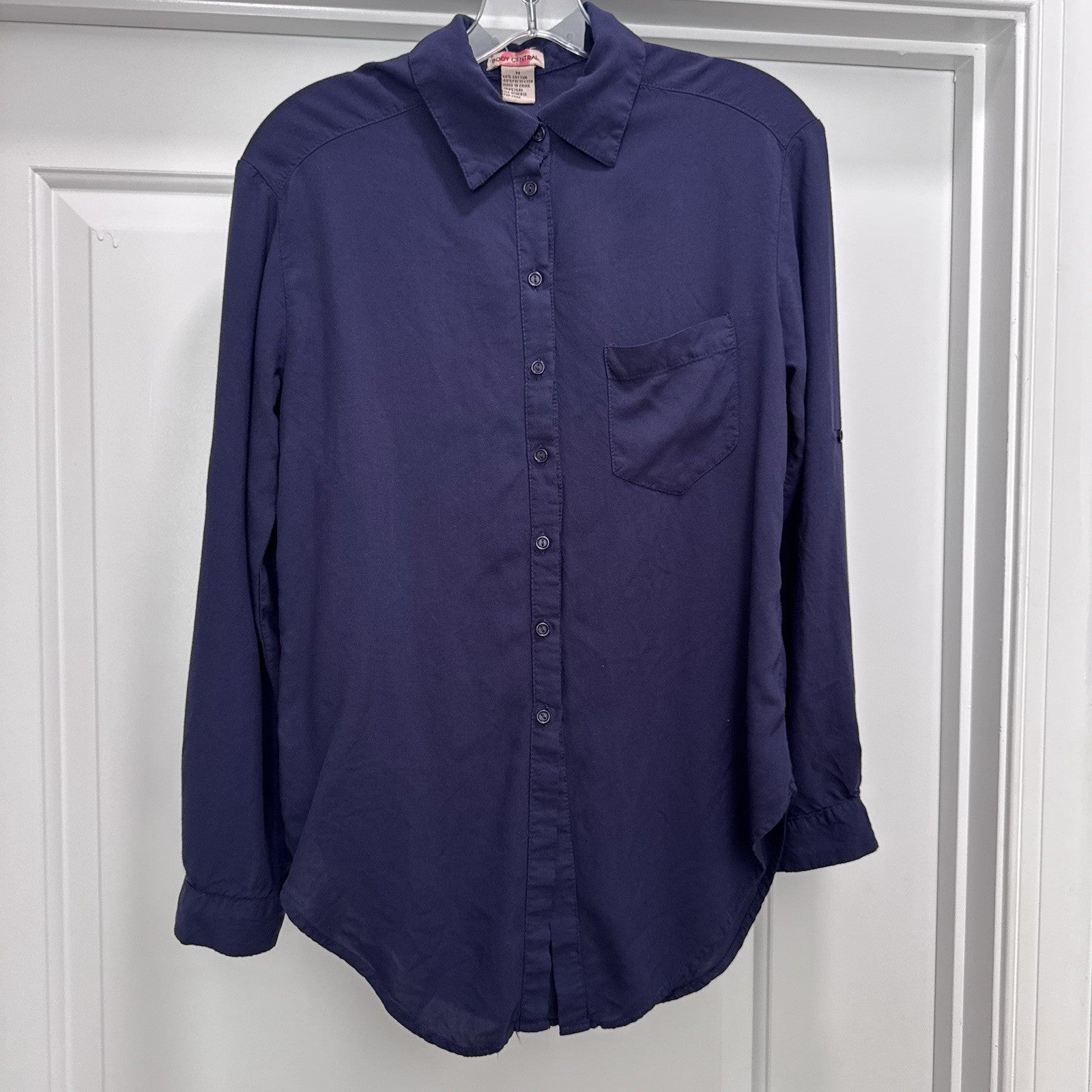 Y2K BODY CENTRAL Button Down Blouse Navy Blue Long Sleeve Top Medium