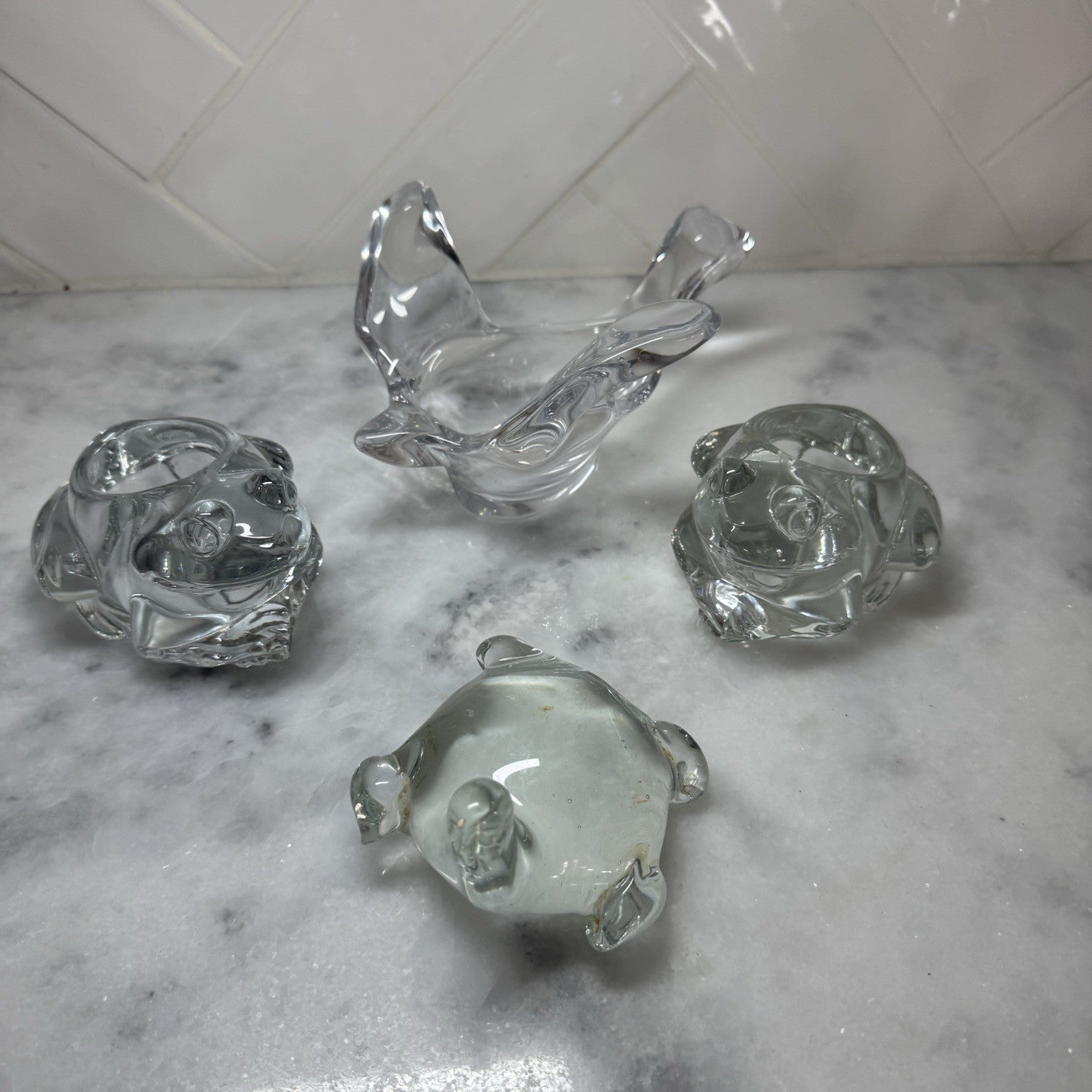 Vintage Clear Art Glass Candle Holder Set Abstract Modern Decor 4pc