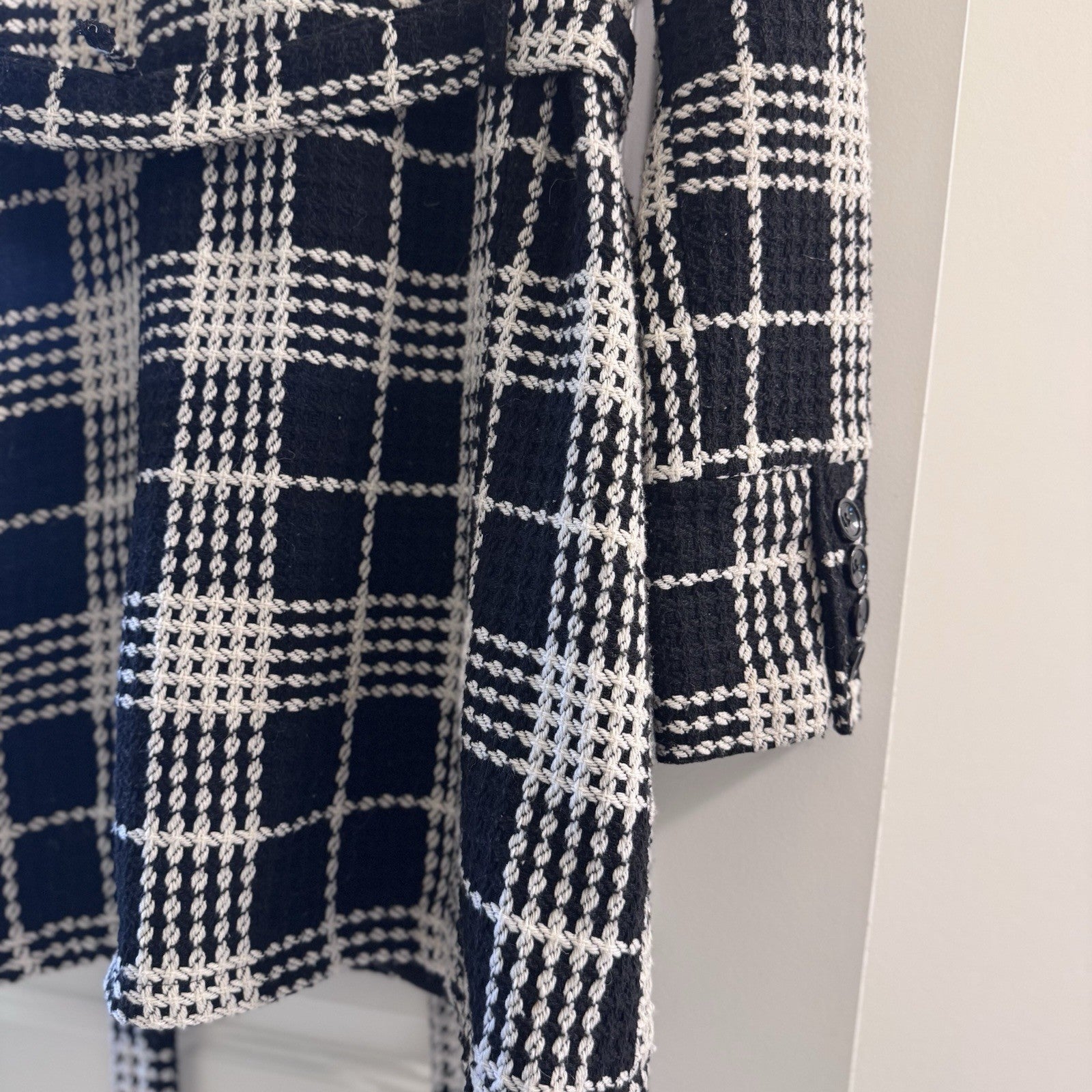 Y2K Body Central Plaid Wool Blend Coat Jacket L Black White Belted Vintage Loop 