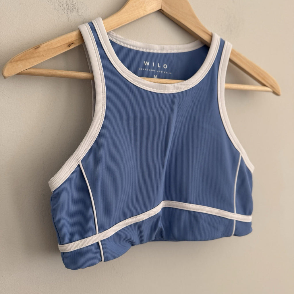 WILO Active Melbourne Australia Ribbed Sports Bra Blue White Contrast Trim M