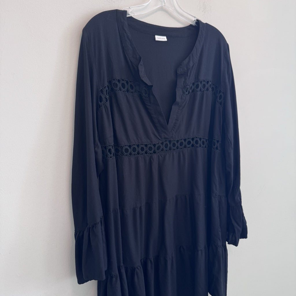 LASCANA Black Boho Tunic Dress Womens US 12/14 Bell Sleeve Crochet Trim