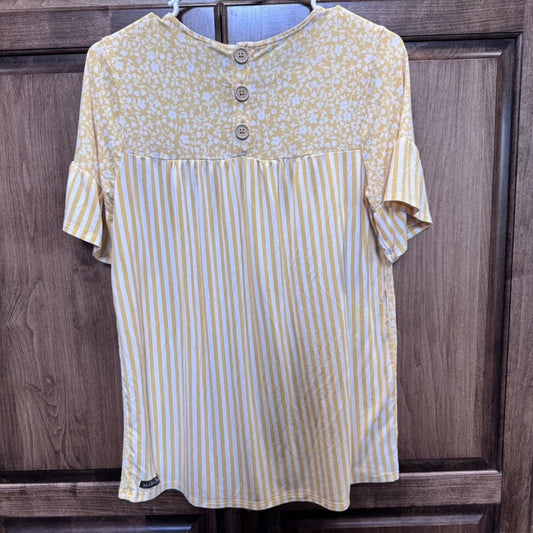 Matilda Jane Yellow Floral & Stripe Ruffle Sleeve Top | XS Modal Blend
