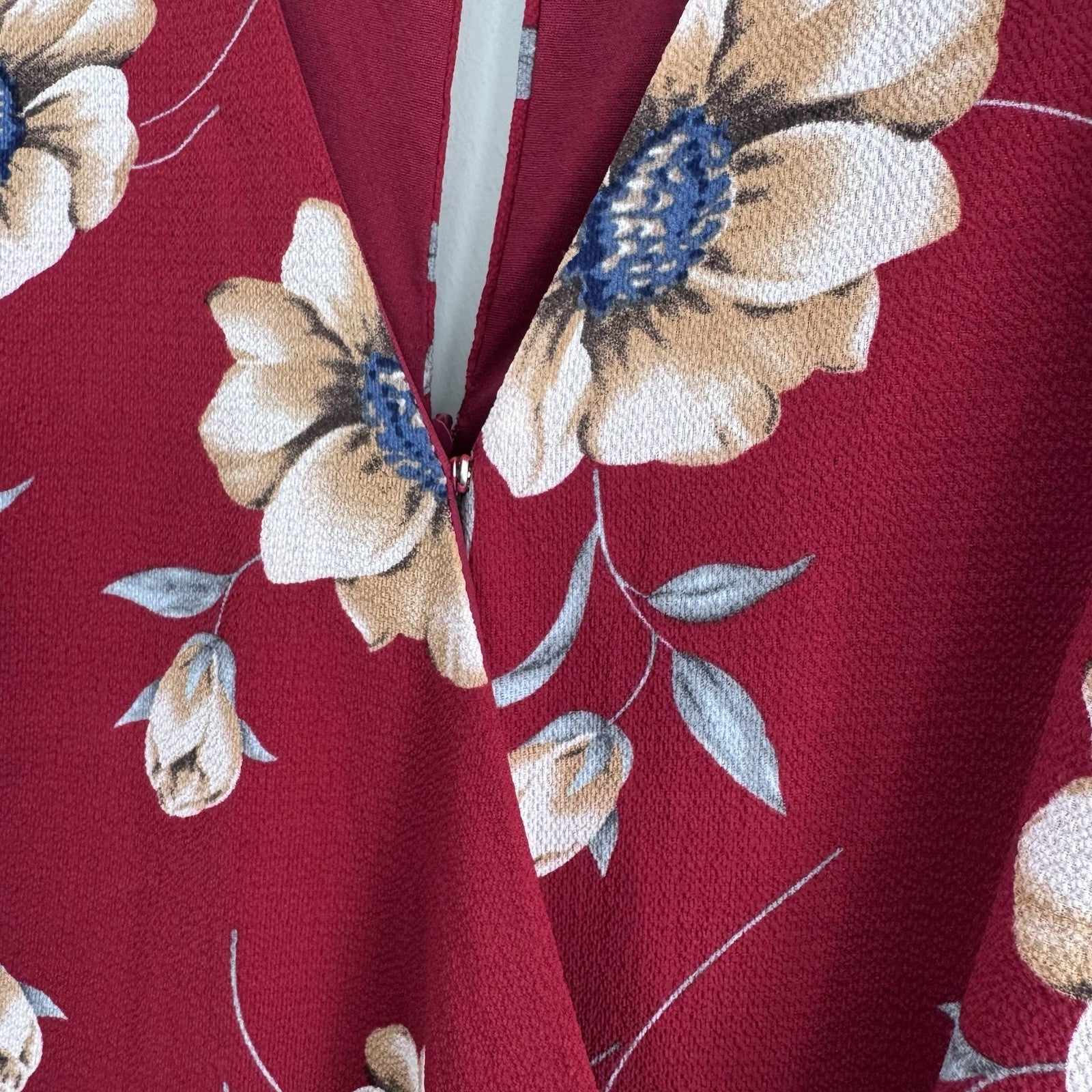 Entro Burgundy Floral Faux Wrap Dress Medium Long Sleeve Ruffle Hem