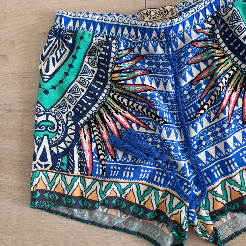 Flying Tomato Boho Tribal Shorts Tassel Tie Blue Green Size S