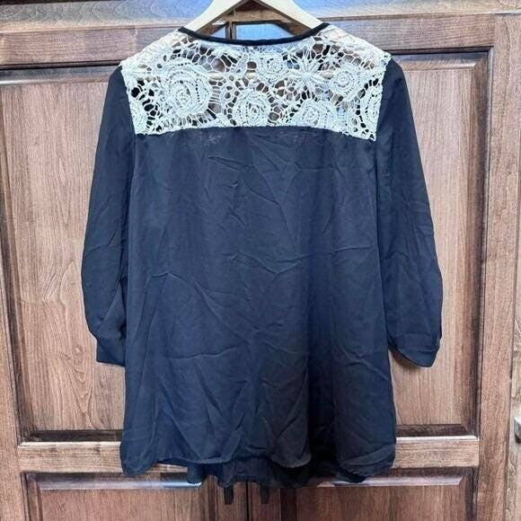 Vintage Wet Seal+ Boho Black Blouse XL Crochet Lace Yoke Sheer Tunic Top