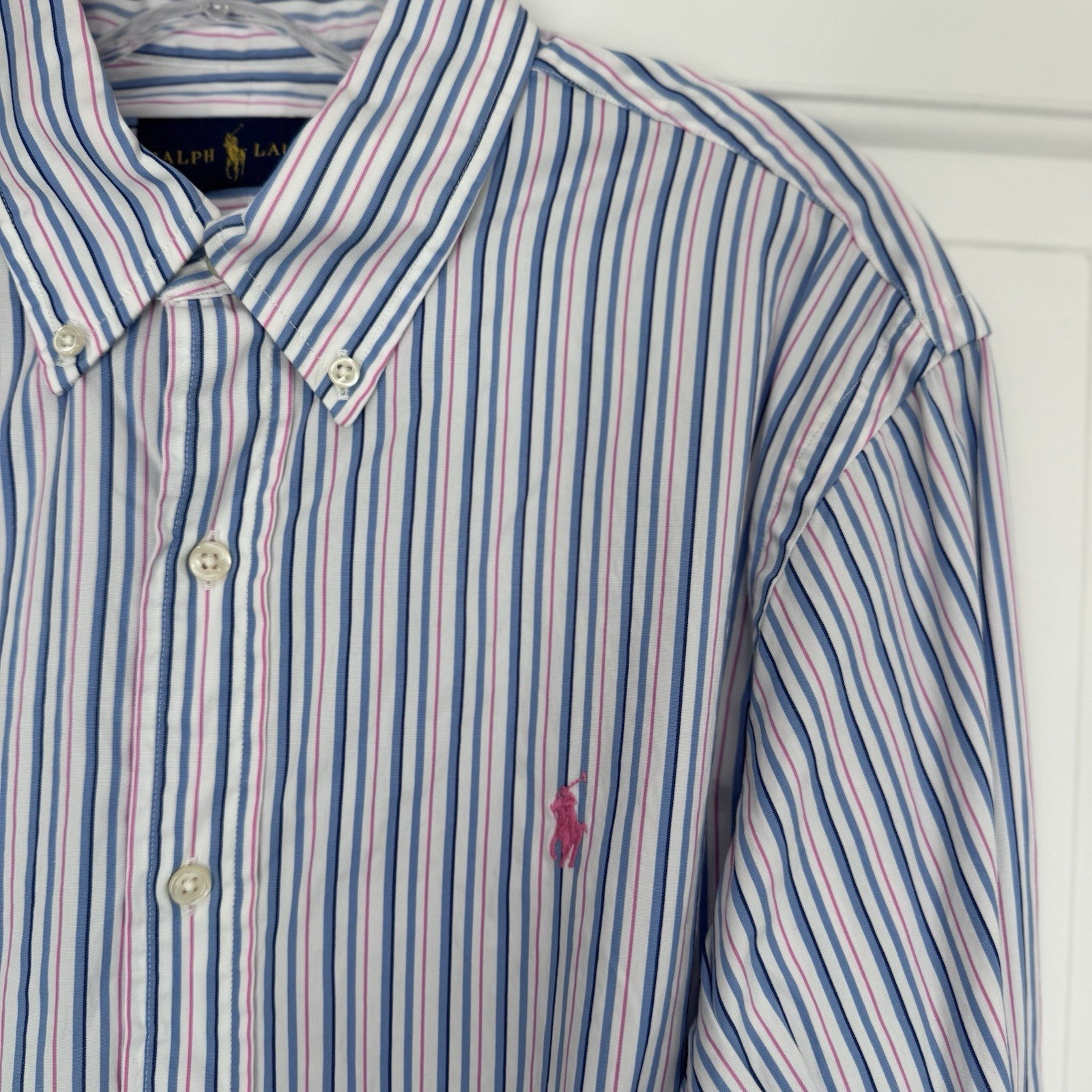 Ralph Lauren Men’s Blue Pink Striped Button Down Shirt Size M Cotton Pony Logo