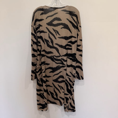 BIBI Women Large L Tiger Print Longline Cardigan Sweater Tan Black Animal Pocket