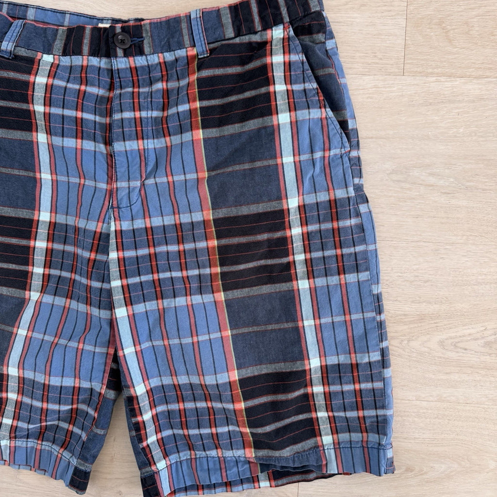 Old Navy Surplus Plaid Shorts Mens 36 Blue Red Cotton Flat Front
