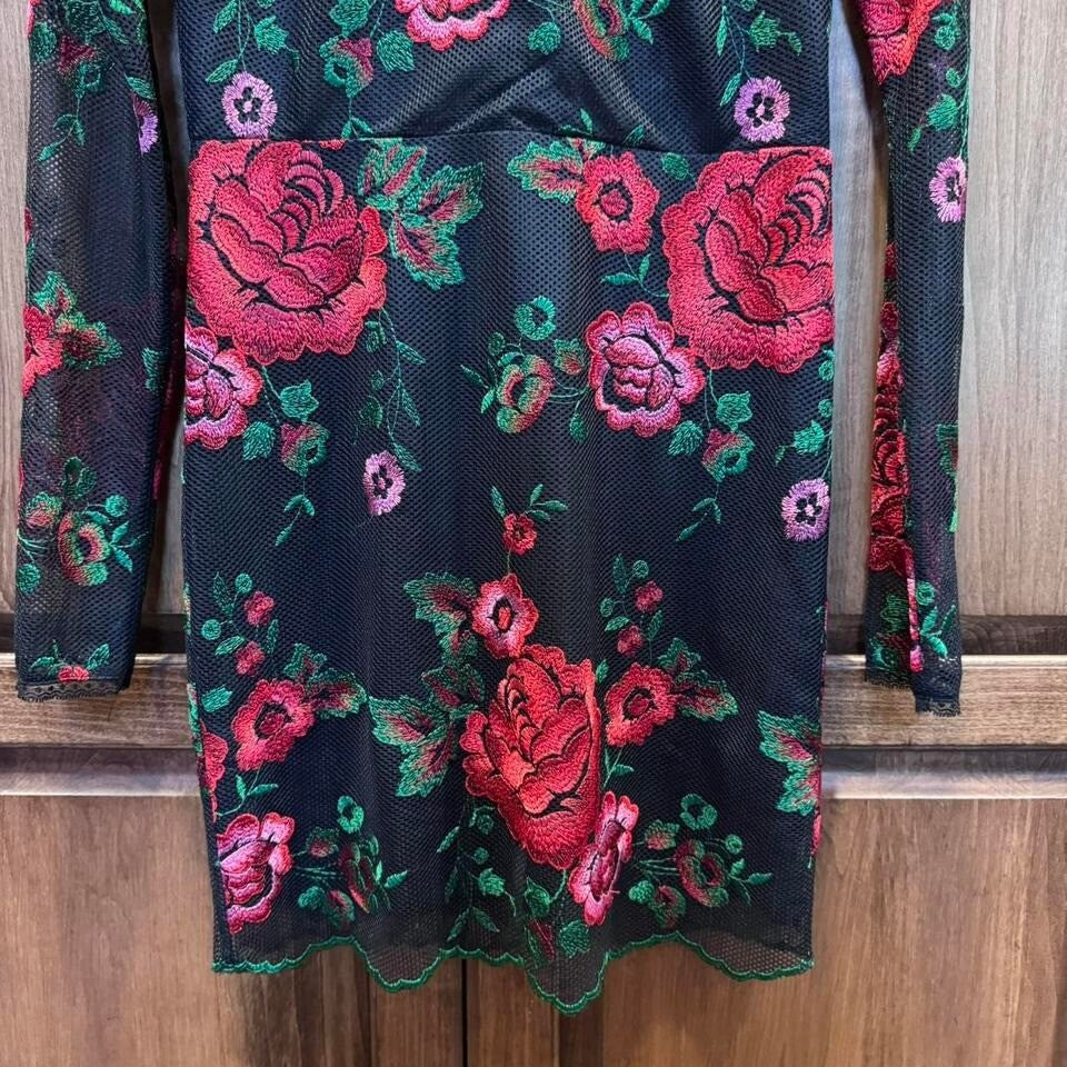 Nasty Gal Collection Floral Mesh Mini Dress Long Sleeve Black Red Green Size S