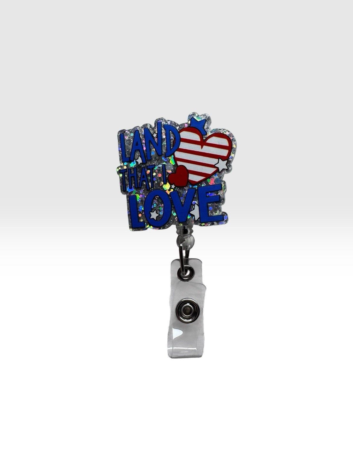 Land That I Love Patriotic Badge Reel Retractable Glitter ID Holder