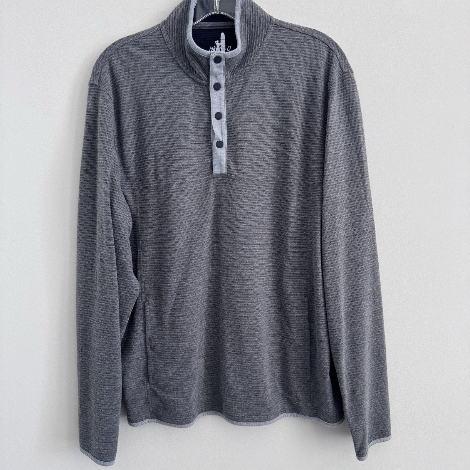Johnnie-O Mens M Gray Ribbed Henley Pullover Snap Collar Stretch