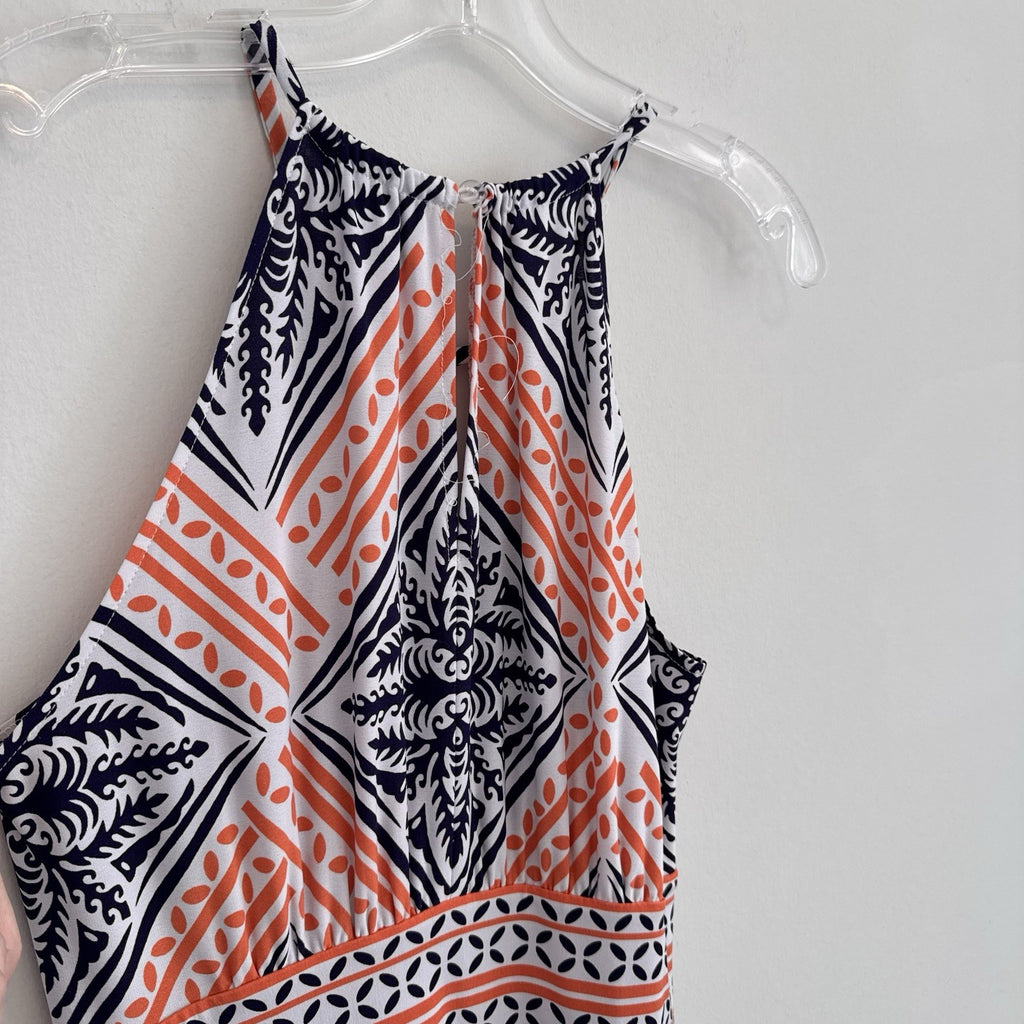 London Times Geo Tile Print Halter Maxi Dress Navy Orange Size 8