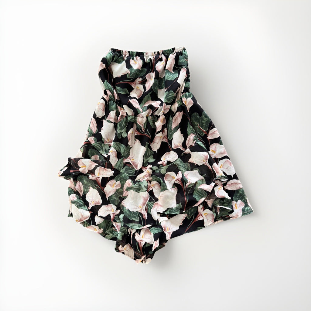 Express Black Floral Romper XS Calla Lily Print Ruffle Hem Strappy Back