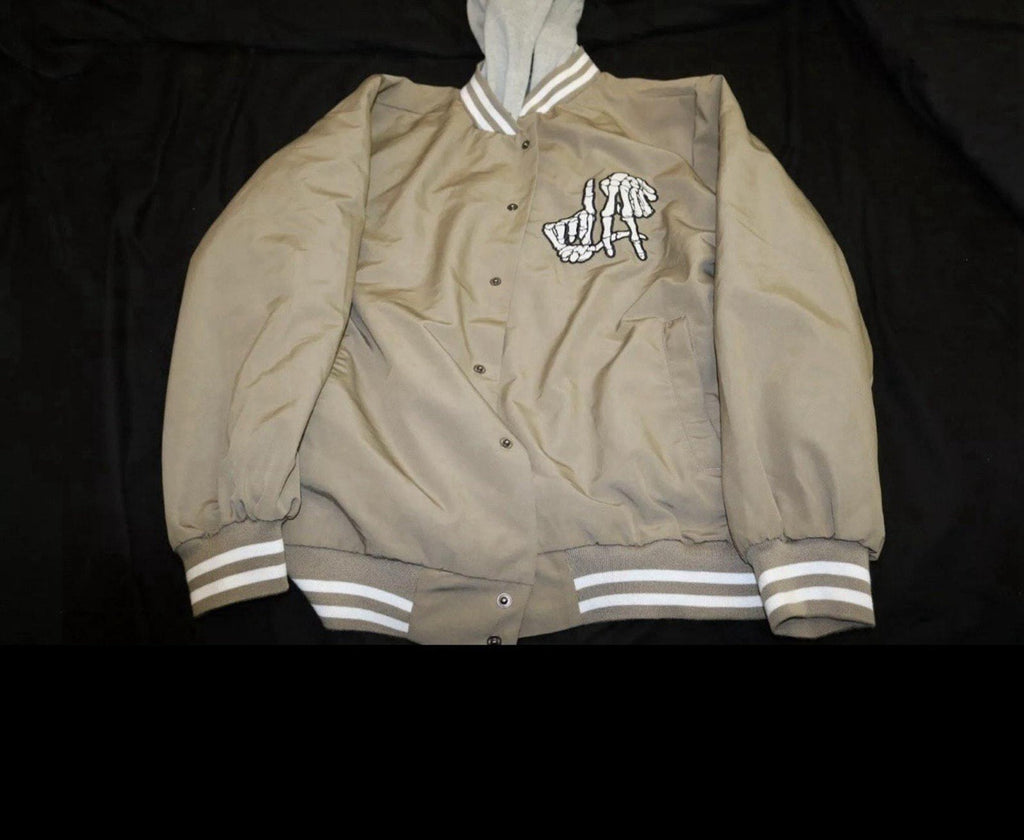 Original Deluxe Supply LA Skeleton Hand Hooded Varsity Jacket Brown/Tan Size M