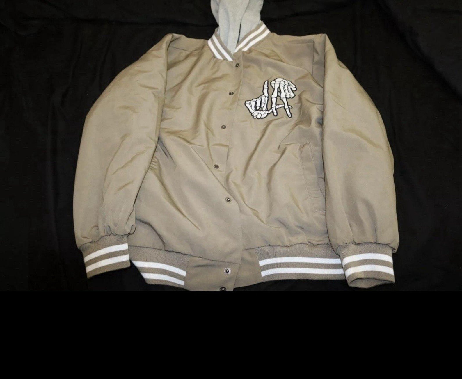 Original Deluxe Supply LA Skeleton Hand Hooded Varsity Jacket Brown/Tan Size M