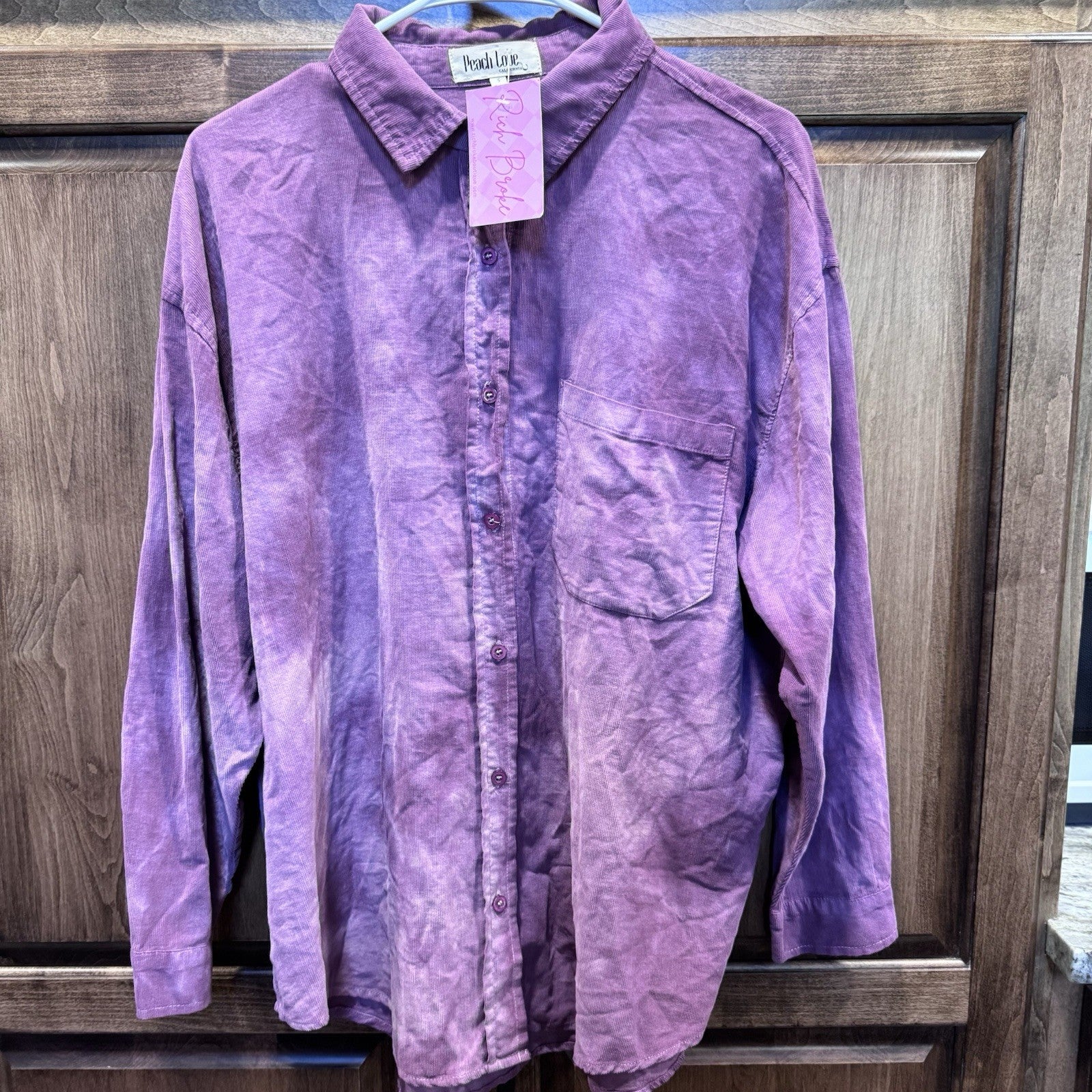 Peach Love California Acid Wash Button-Up Shirt - Small Purple Corduroy