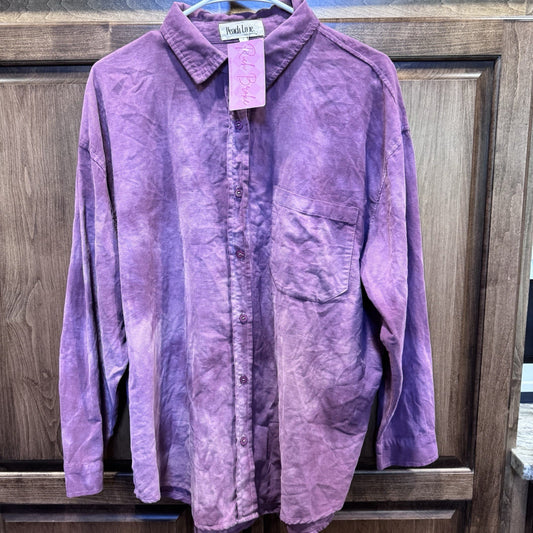 Peach Love California Acid Wash Button-Up Shirt - Small Purple Corduroy