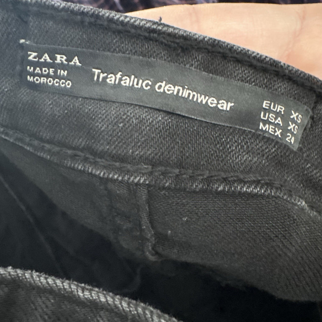 ZARA Trafaluc Black Denim Overalls XS Zip Front Raw Hem Cropped