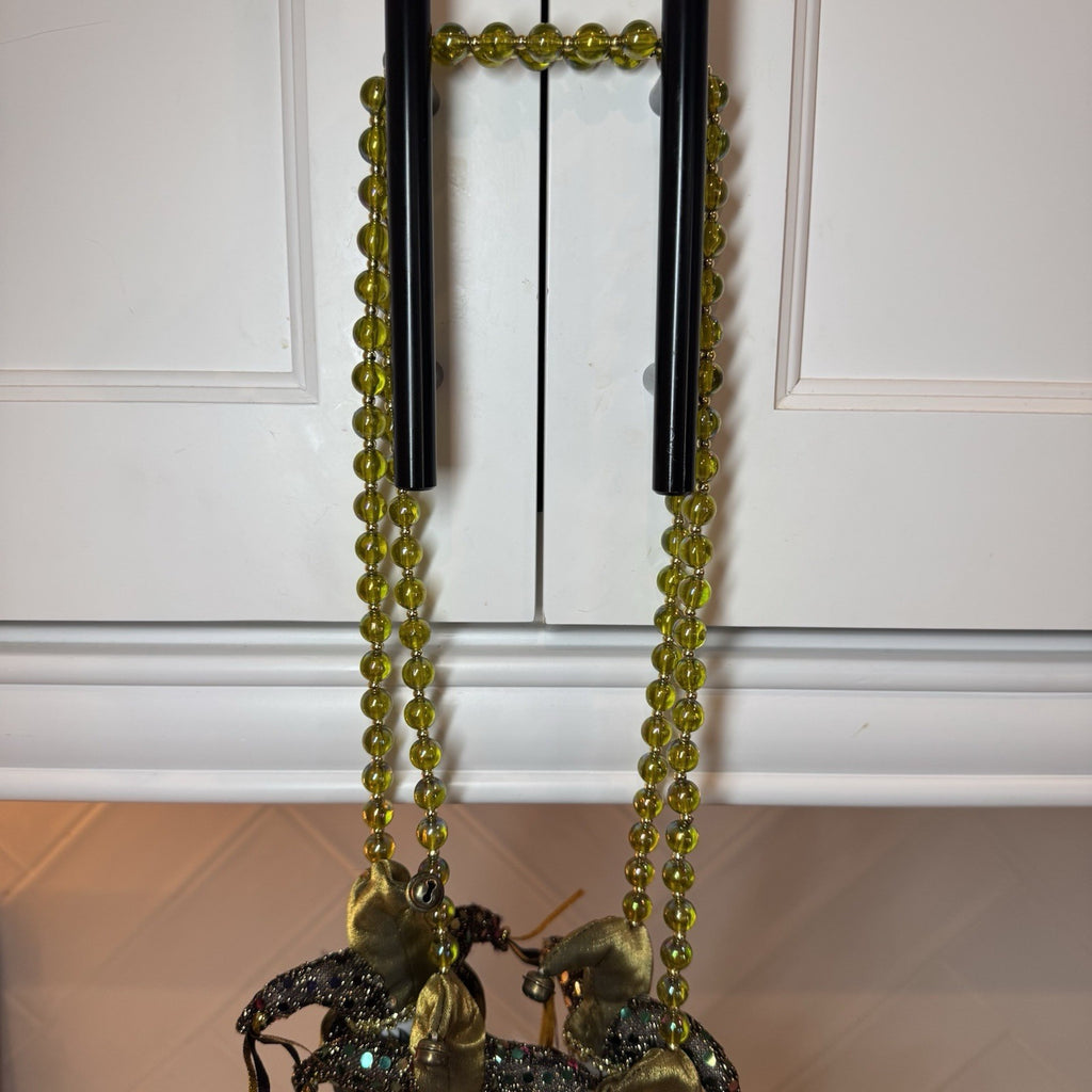 Vintage Venetian Mardi Gras Mask Beads Necklace 6 Faces Green Gold