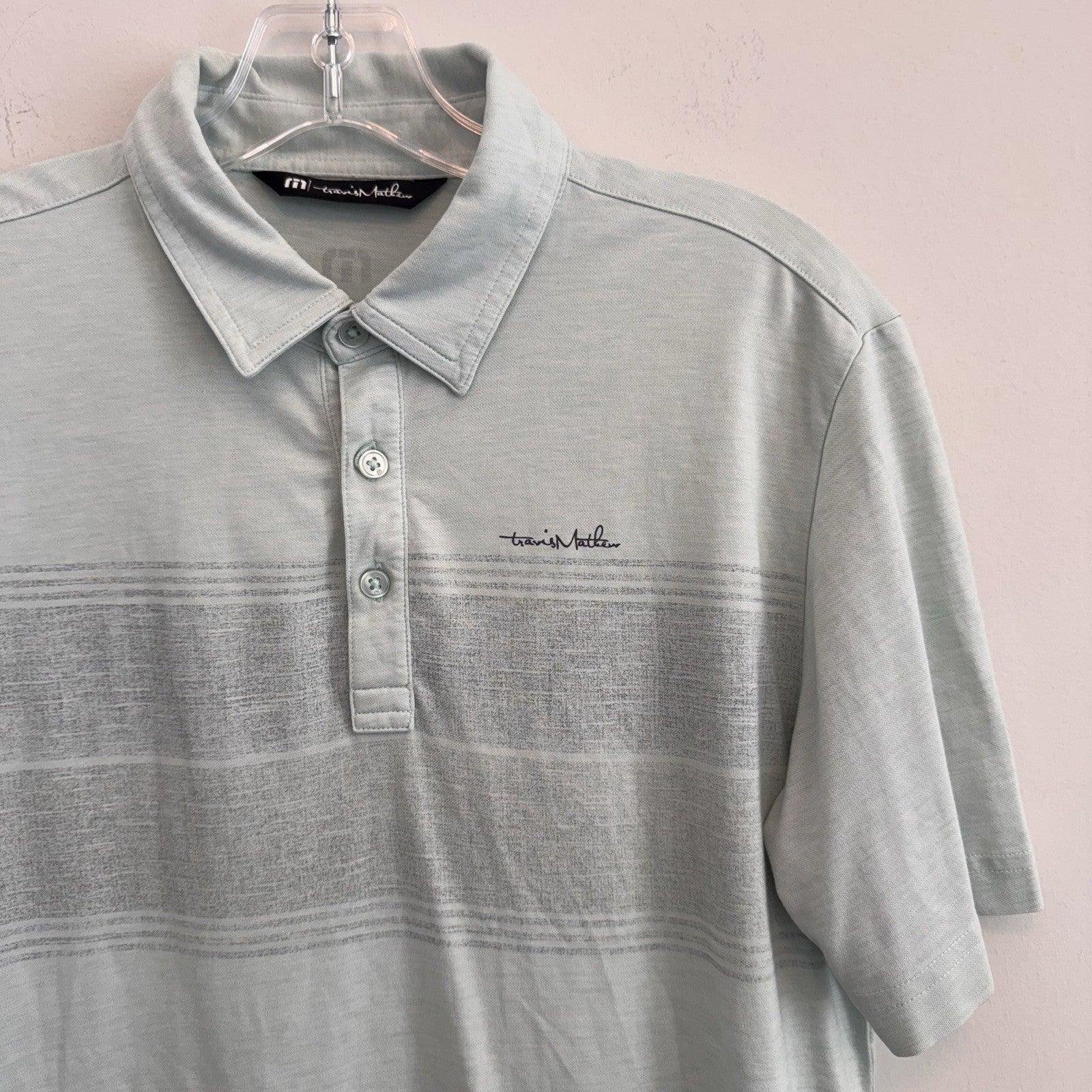 Travis Mathew Men's Small S Polo Shirt Light Blue Heathered Striped Golf