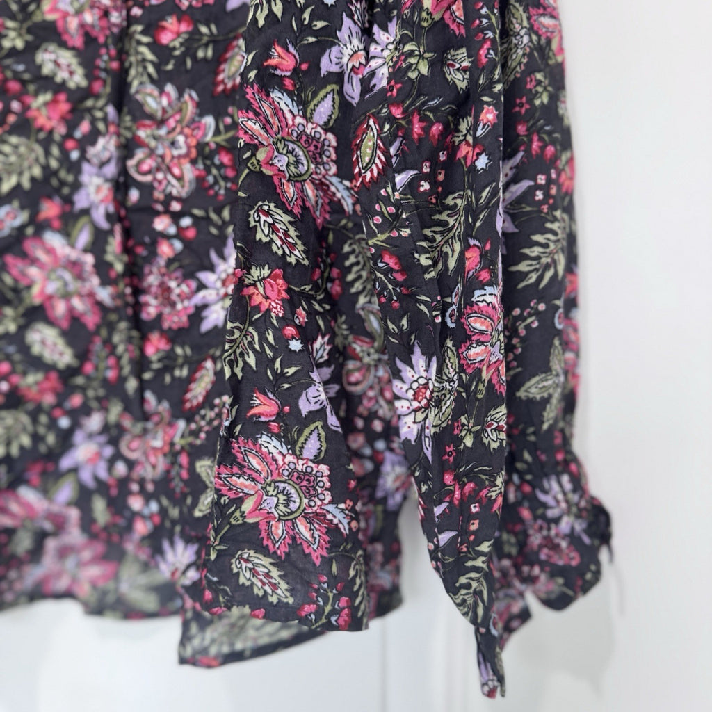 LOFT Floral Long Sleeve Ruffle Blouse Black Pink Purple Top Size Small NWT