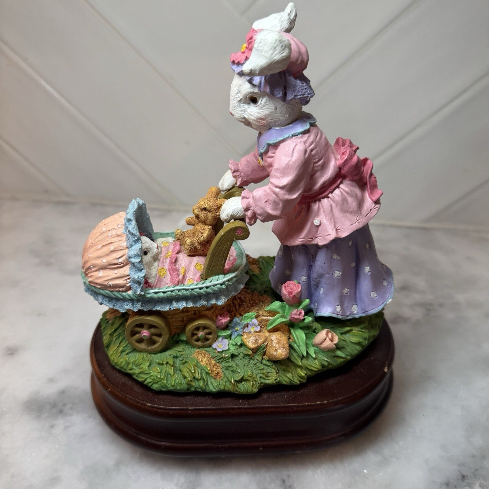 Vintage Easter Bunny Figurine Baby Carriage Spring Decor Resin Collectible